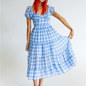 PRINCESS POLLY blue and white checked midi dress